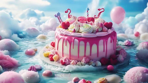 Fantastical Pink Birthday Cake in Dreamy Cloud Landscape Scene