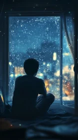 Silhouetted figure studies snowfall through luminous city window