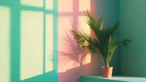 Potted palm against pastel wall with window light shadows.