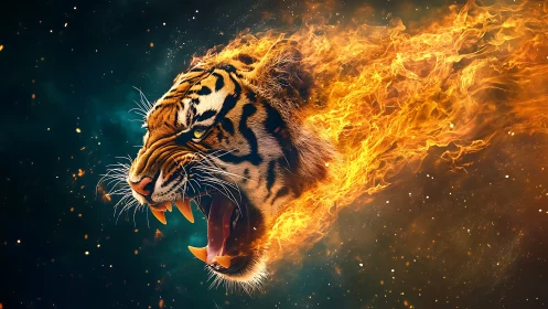 Tiger head rendered with flame-like motion effects in space