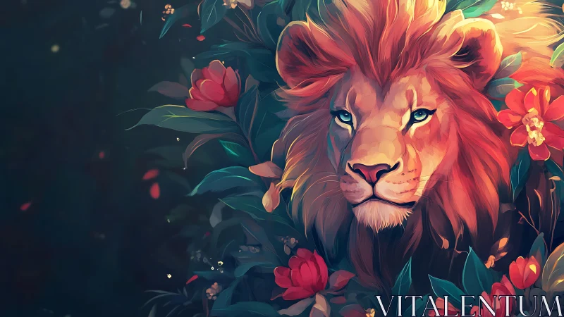 Digital painting of floral-crowned lion in chromatic contrast.