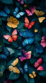 Colorful butterflies hover over dense dark green foliage