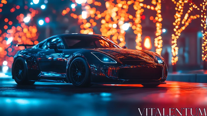 Low-slung sports car glows under neon city bokeh lights.