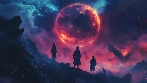 Three silhouetted figures observe a luminous red celestial body