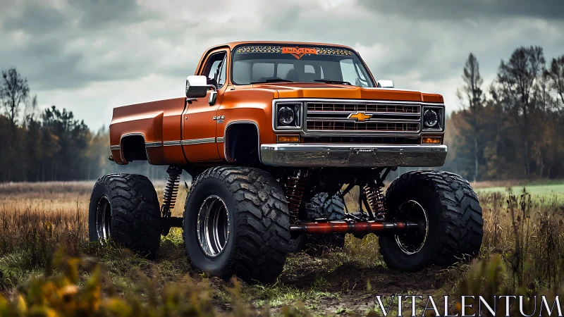 Lifted orange Chevy monster truck in moody rural field scene.
