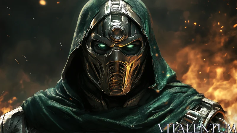 Armored cyber warrior with hood amid blazing inferno.