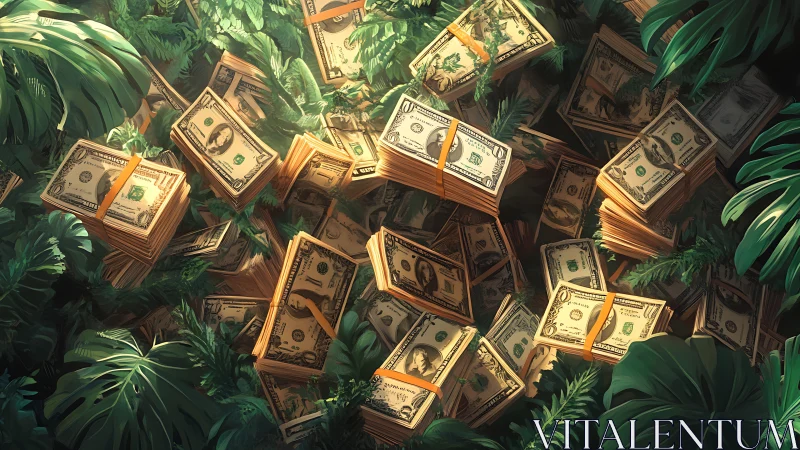 Stacks of US dollar bills lie scattered across dense jungle foliage