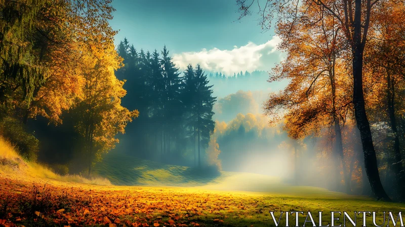Autumn Forest Path Bathed in Golden Mist and Sunlight