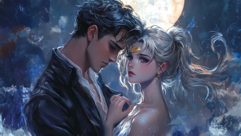 Romantic moonlit couple rendered in luminous anime style