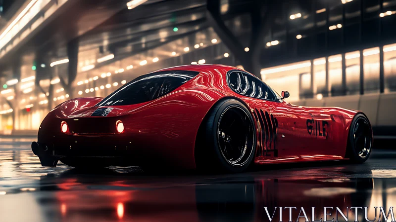 Sleek red race car under neon city lights at night.