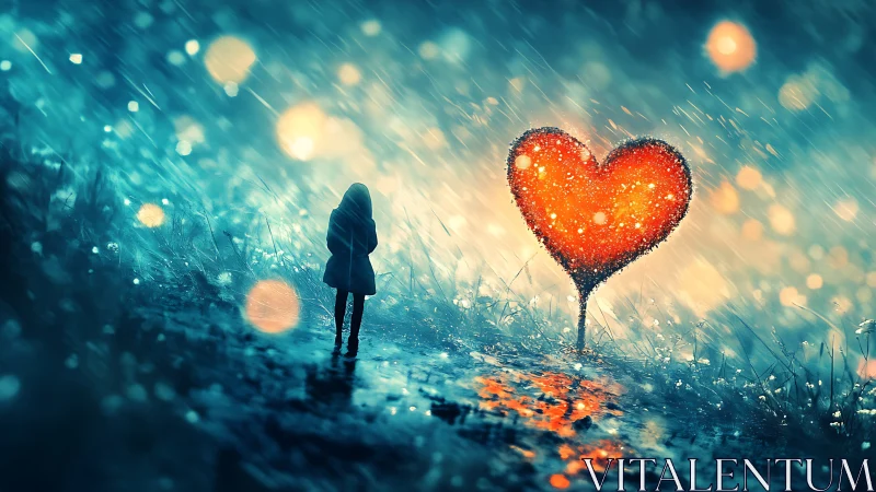 Solitary figure observes luminescent heart form amid rain