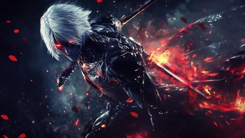 Cybernetic swordsman lunges through molten embers and shadow.