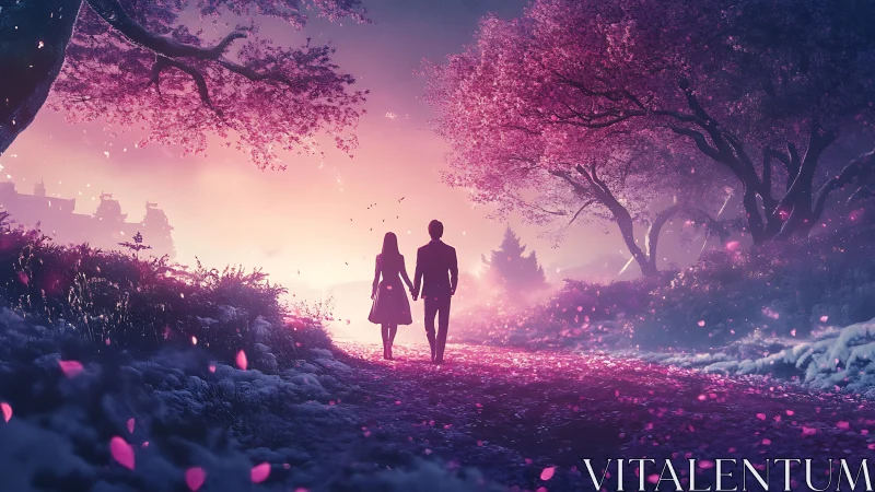 Couple Walking Through Enchanted Pink Forest At Twilight.
