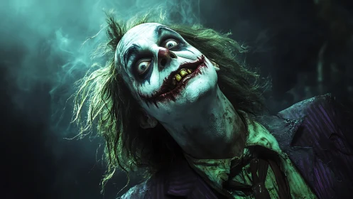 Grotesque clown portrait under teal smoke with warped grin