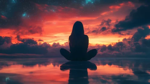 Silhouette meditates before cosmic red sunset horizon.