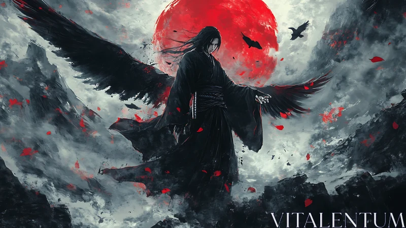 Raven-winged reaper drifts beneath a feral crimson moon.