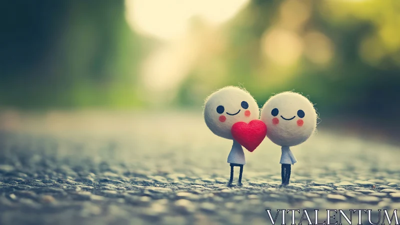 Two felted figures share red heart under sunlit natural blur.
