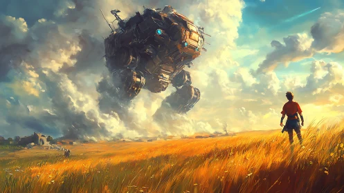 Colossal sky mech descends above lone wanderer at dusk.
