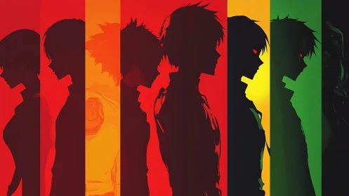 Silhouetted anime figures aligned in bold chromatic bands.