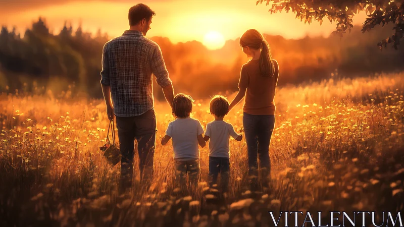 Family of Four Walking Through Golden Field at Sunset