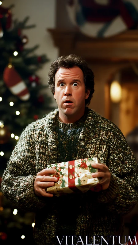 Bewildered sweater hero clutches mysterious Christmas gift