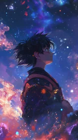 Stargazing dreamer wrapped in glowing cosmic colors.