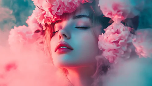 Woman with closed eyes in pink flowers and soft mist.