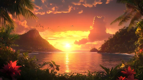 Sunset-splashed lagoon cradled by lush tropical guardians.