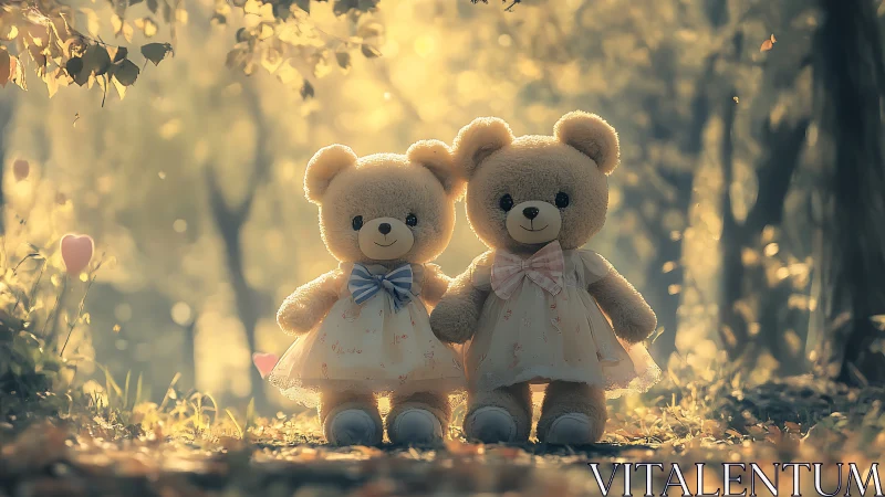Two plush teddy bears stand in diffuse backlit forest scene