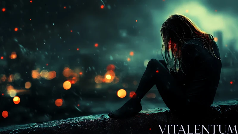 Solitary figure on rainy ledge amid burning city lights.