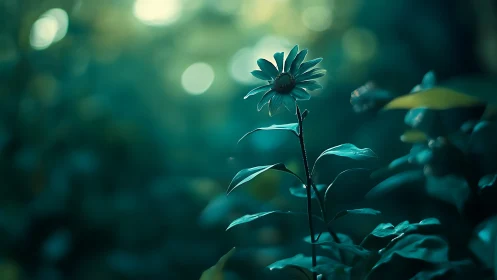 Solitary daisy-like flower in shallow forest focus at dusk.