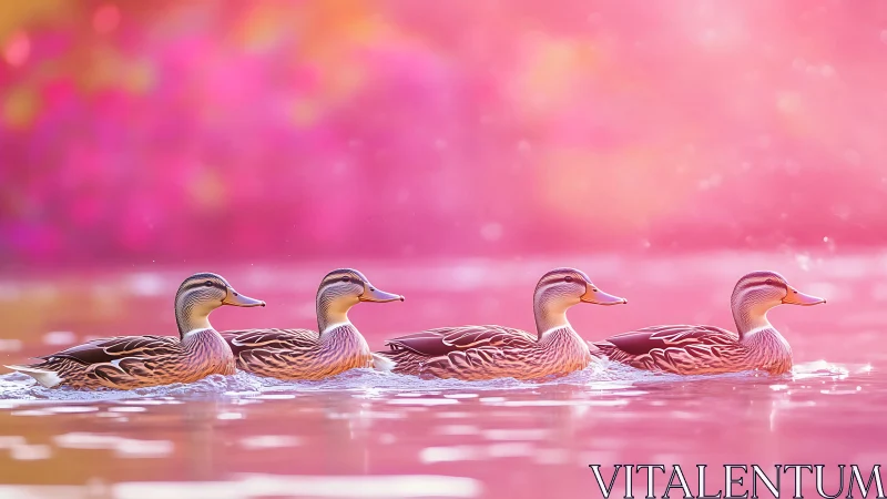 Four dreamy ducks glide in sync across cotton-candy water