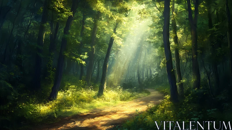 Sunlit Forest Path in Lush Green Woods, Digital Art Landscape.