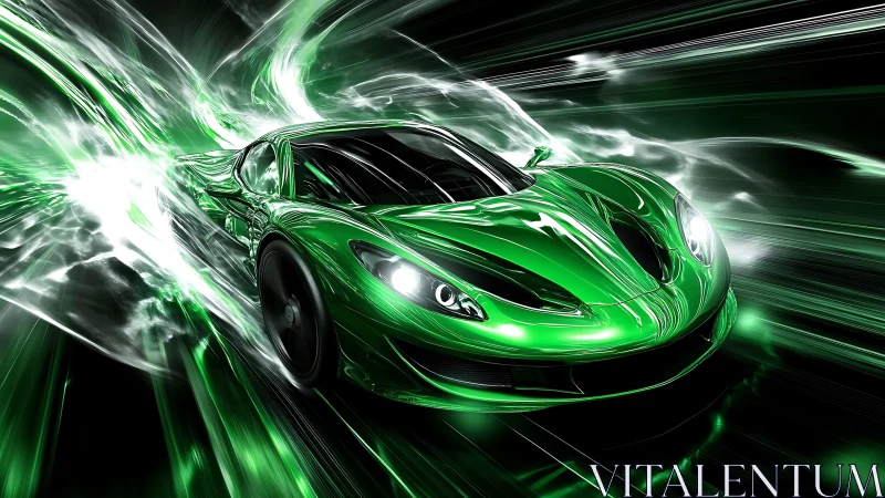 Green sports car racing through glowing energy streaks.