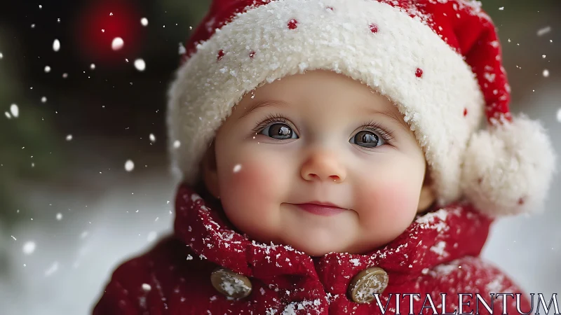 Smiling baby in red Santa hat under gentle snowfall.