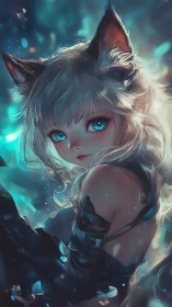 Anime cat-eared heroine in luminous teal bokeh portrait.