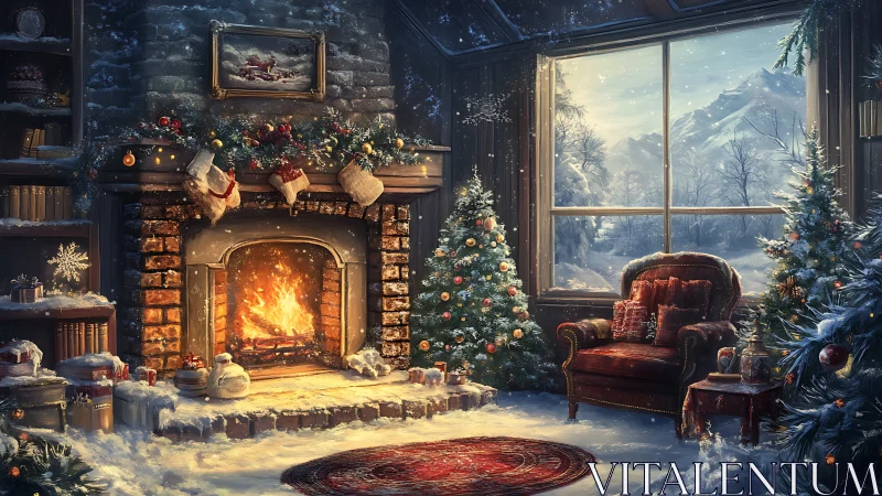 Snowy Christmas living room with fireplace and trees.
