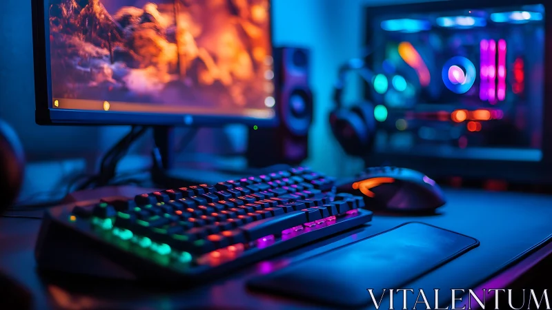 RGB gaming desktop setup glows under blue ambient light