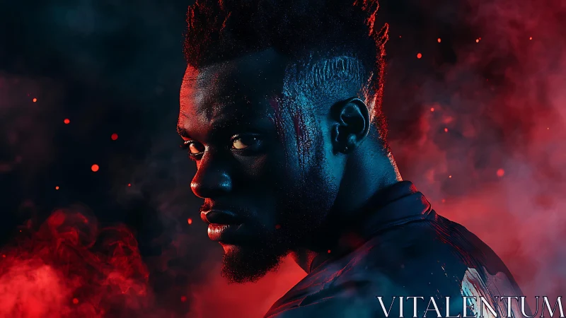 Side-lit male portrait in red and blue atmospheric haze.