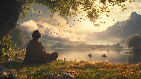 Serene lakeside meditation scene with sunset and mountains in soft light.