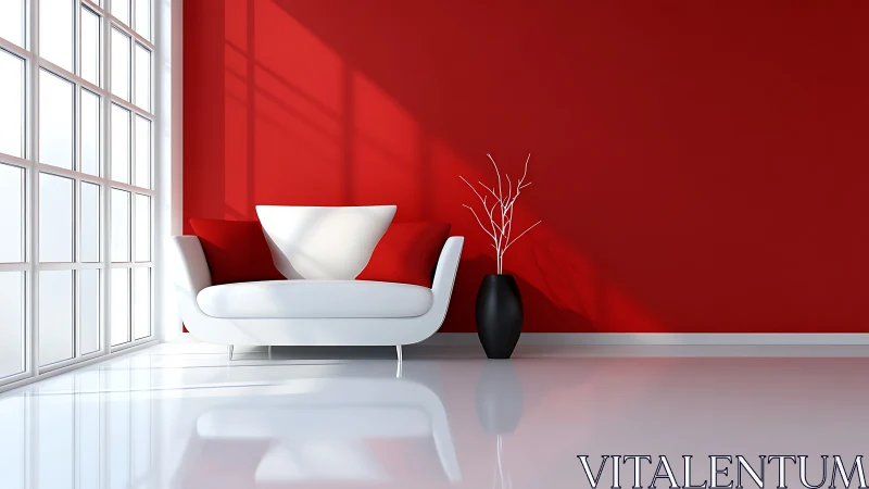 Minimalist red living room with high gloss floor reflections