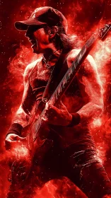 High-energy rock guitarist in red pyro-style compositing effect