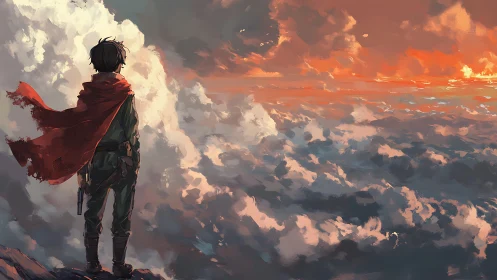 Wind‑torn red cloak silhouette surveys volumetric sunset cloud sea