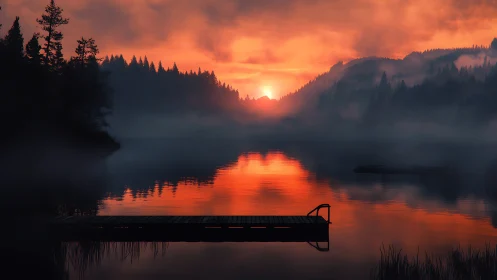 Sunrise illuminates misty forest lake and empty wooden pier