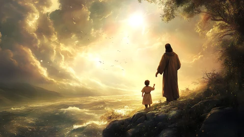 Digital painting of spiritual shoreline walk in radiant light.