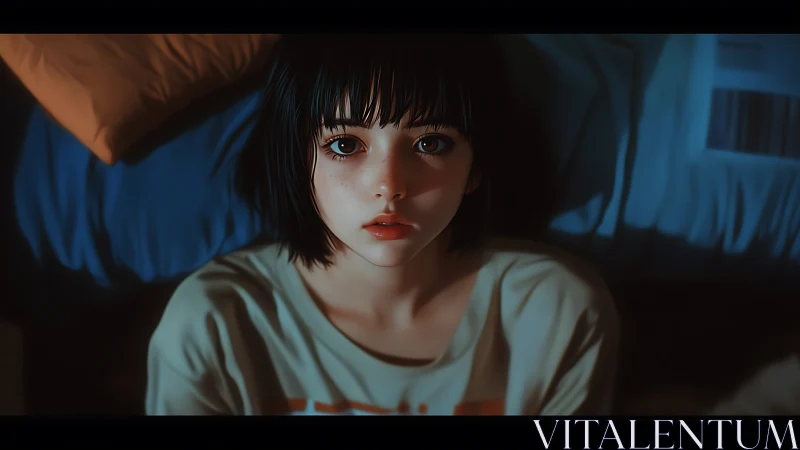 Girl with short dark hair stares upward in dim bedroom light