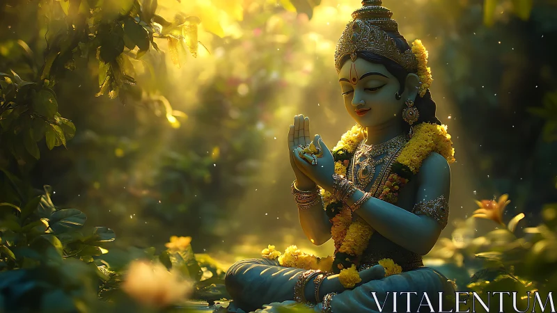 Gentle goddess statue rests in a golden forest glow of peace