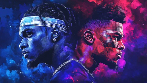 Dual neon portraits contrast blue and crimson energy fields.