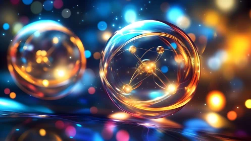 Glowing atomic spheres drift through colorful bokeh space.