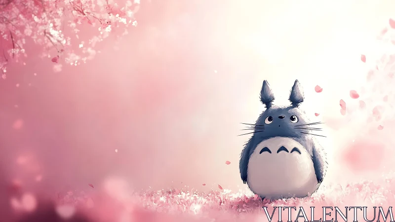 Gentle forest friend under dreamy pink blossoms at dawn.